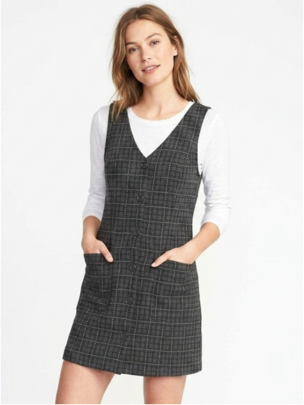 Cider Gray Black Plaid Tweed Button-Front Mini Dress Medium 526 work school